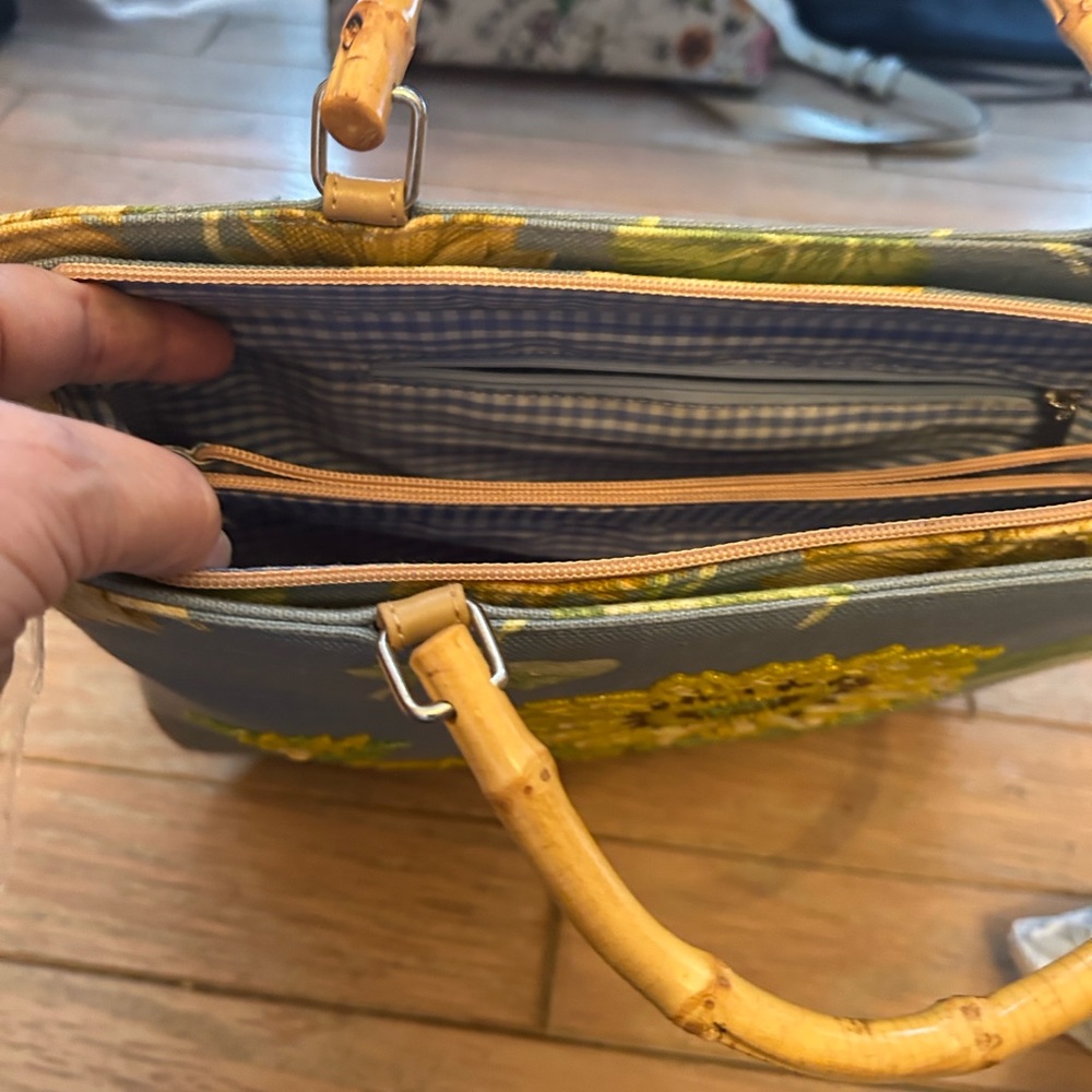 Embroidered Sunflower Top-Handle Bamboo Bag in Sage Green and Mustard - Picture 5 of 5